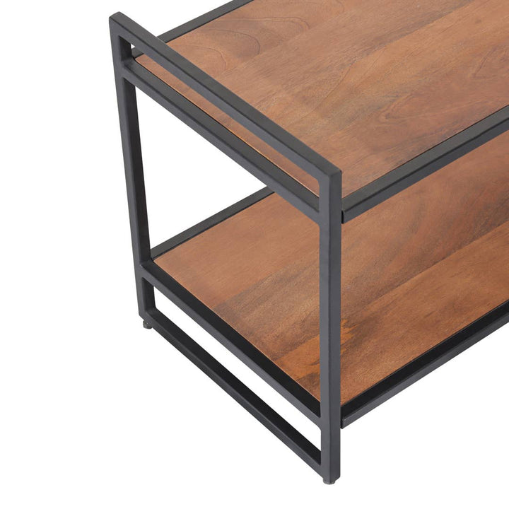 Mango Wood & Black Metal Shoe Rack | Modern Industrial Step Rack Design