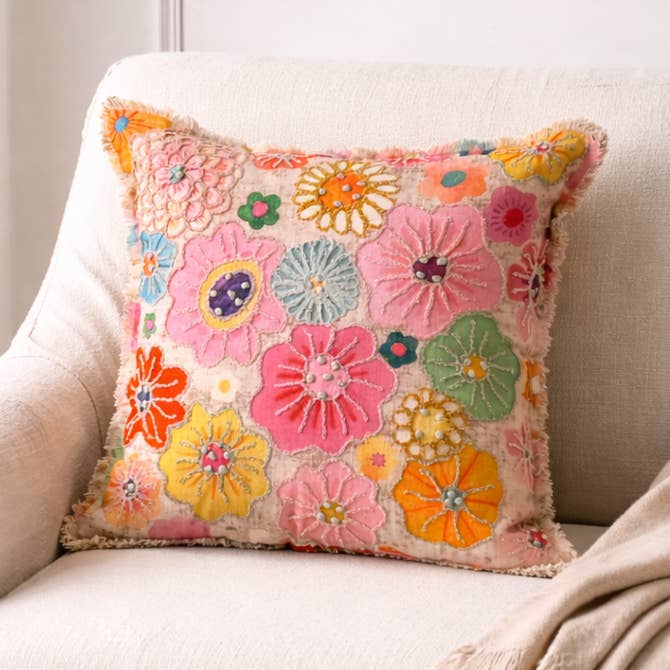 Embroidered Cotton Cushion- Floral Design- 45x45 cm