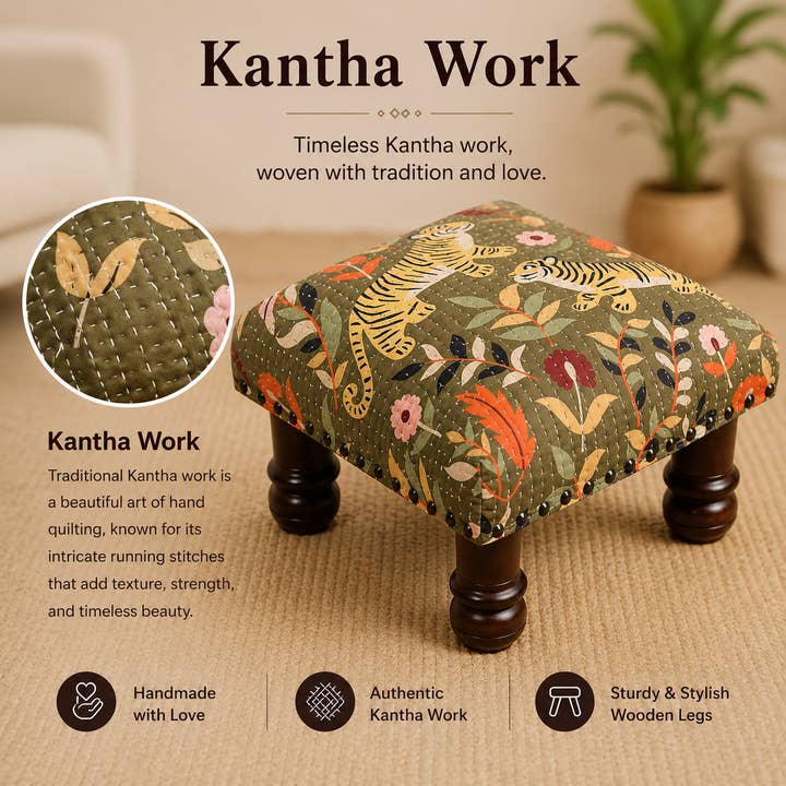 Botanical Tiger Cotton Footstool with Wooden Legs – Green