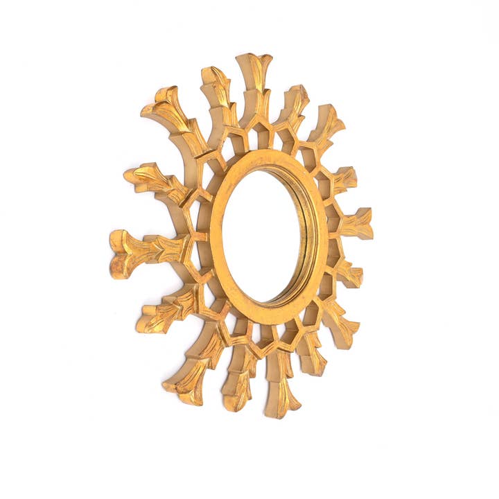 Hand-Carved Metallic Wooden Sunburst Wall Mirror - Decorative Statement Mirror for Living Room, Entryway & Bedroom Decor