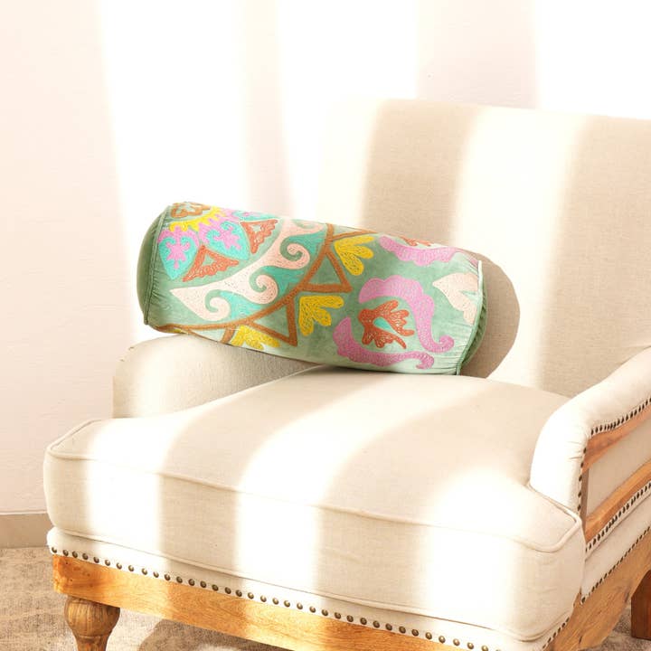 Embroidered Cotton Bolster Cushion Multicolor 53 x 20 cm