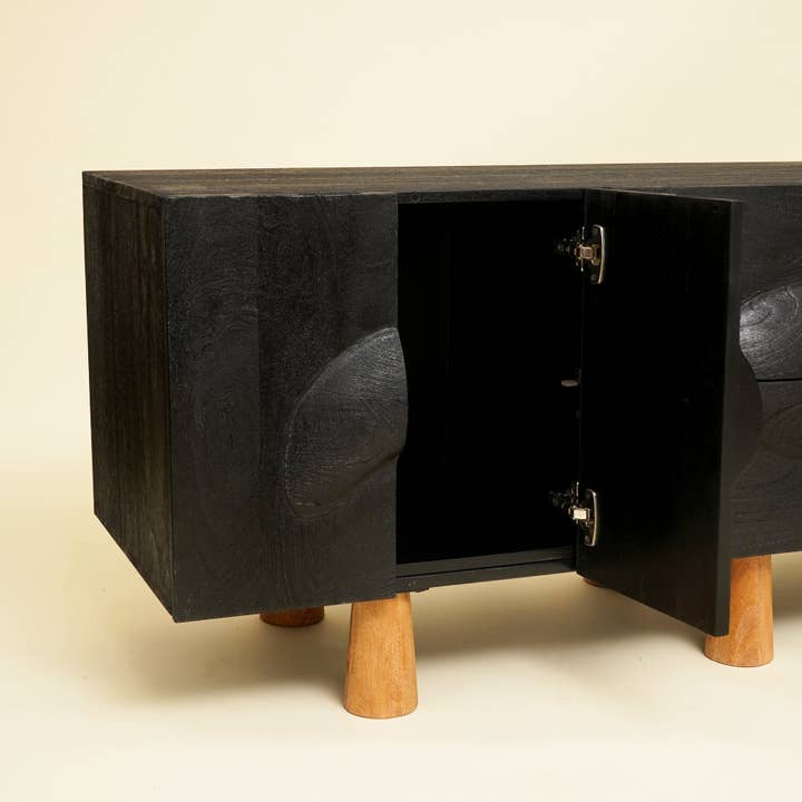 Modern Solid Mango Wood Sideboard Cabinet – Black Storage Cabinet with 2 Doors & 2 Drawers