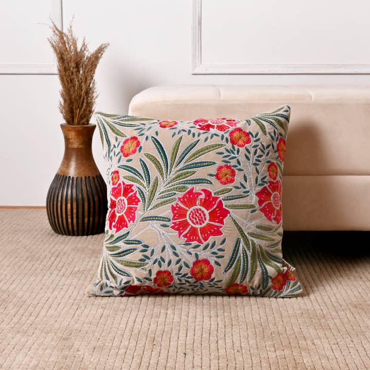 Botanical Floral Cotton Velvet Cushion - 45×45 cm