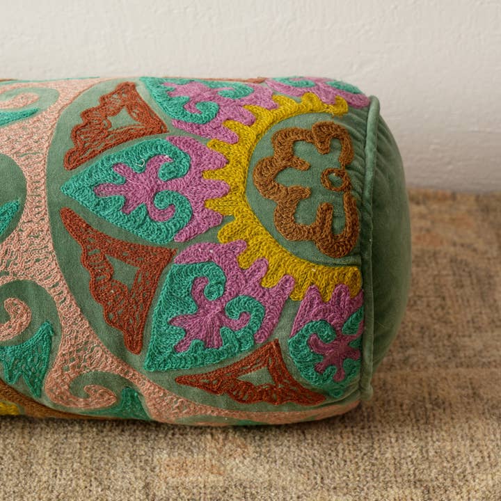 Embroidered Cotton Bolster Cushion Multicolor 53 x 20 cm