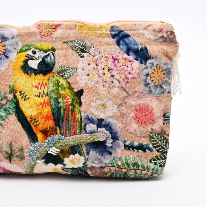 Cotton Pouch – Parrot Floral Embroidered – 18x30 cm