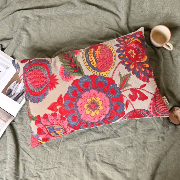 Boho Embroidered Cotton Velvet Lumbar Cushion -40×60 cm