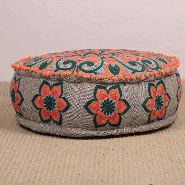 Mandala Embroidered Cotton Floor Cushion with Pompoms 60 cm