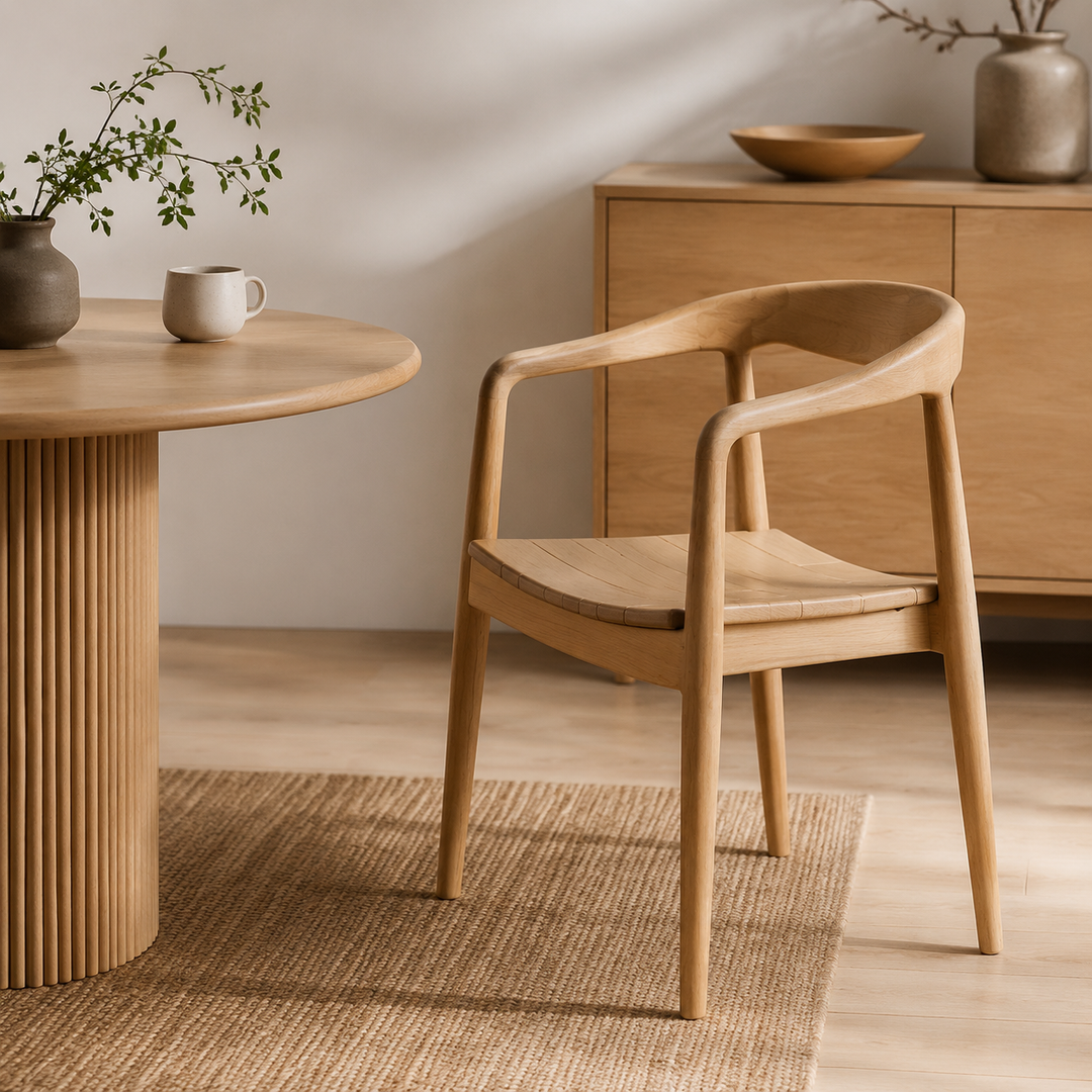 Modern Teak Wood Dining Chairs Set of 2 with Curved Arms