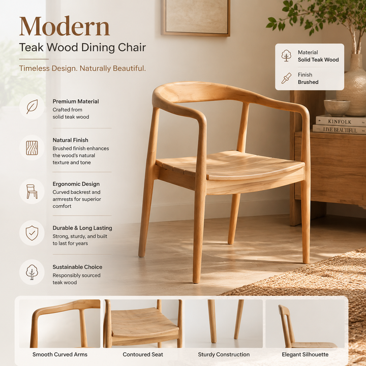 Modern Teak Wood Dining Chairs Set of 2 with Curved Arms