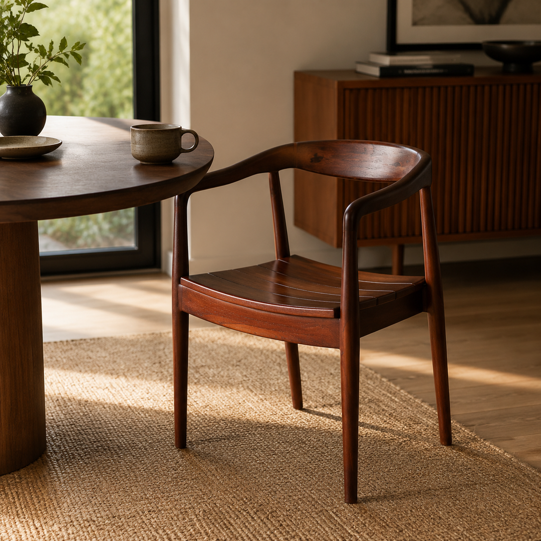 Modern Teak Wood Dining Chairs Set of 2 with Curved Arms