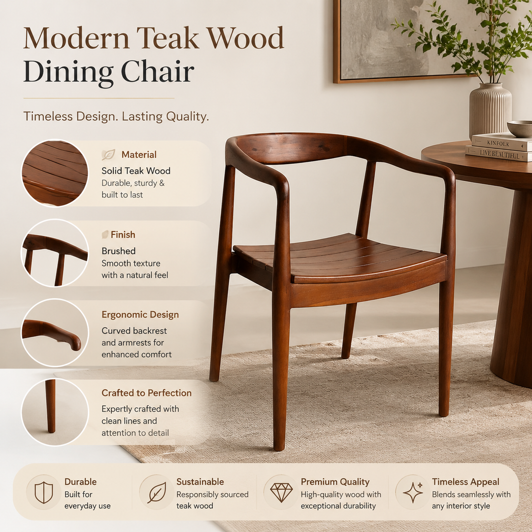 Modern Teak Wood Dining Chairs Set of 2 with Curved Arms