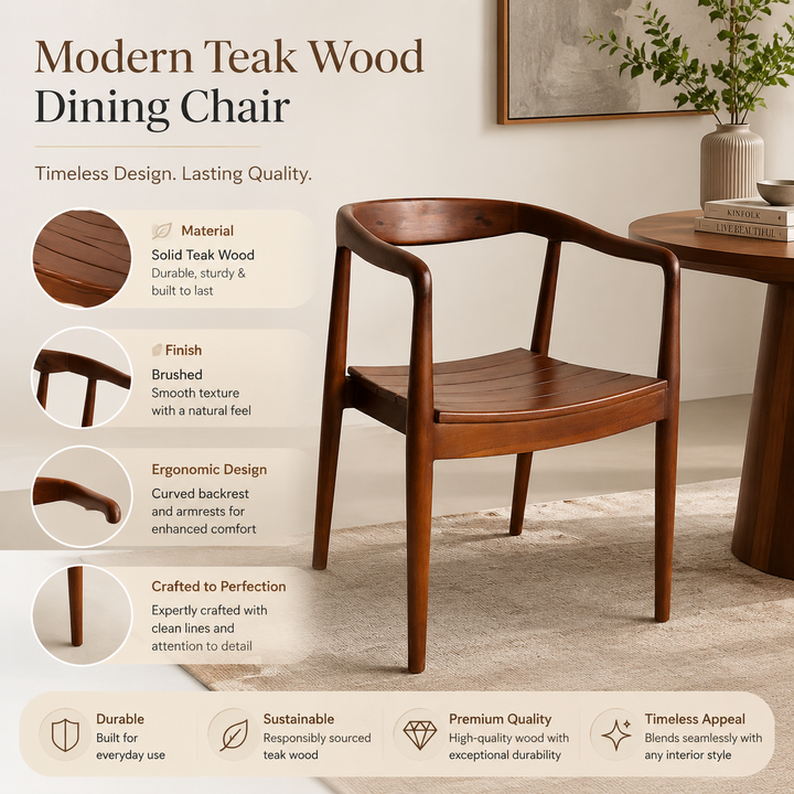 Modern Teak Wood Dining Chairs Set of 2 with Curved Arms