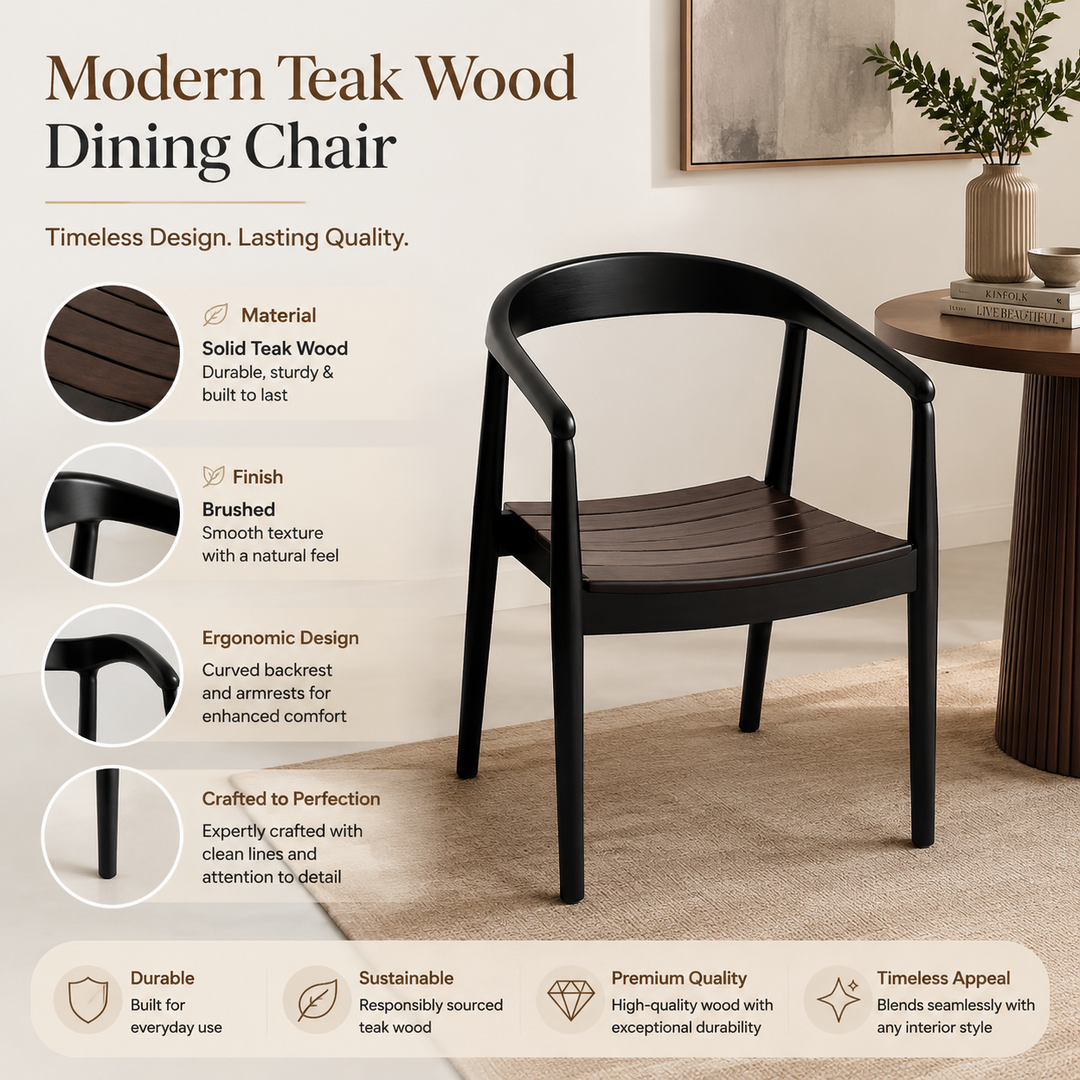 Modern Teak Wood Dining Chairs Set of 2 with Curved Arms