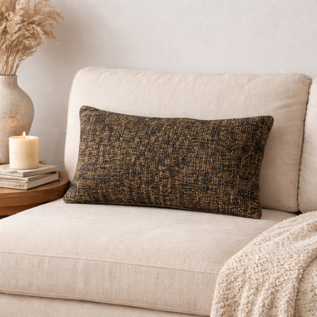 Black Textured Cotton Lumbar Cushion 35 x 60 cm