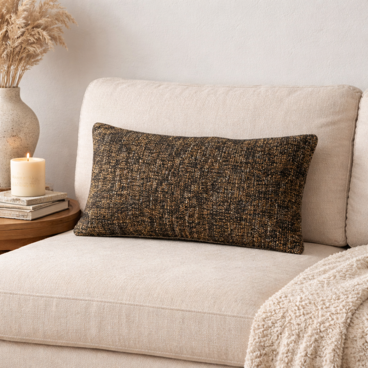 Black Textured Cotton Lumbar Cushion 35 x 60 cm