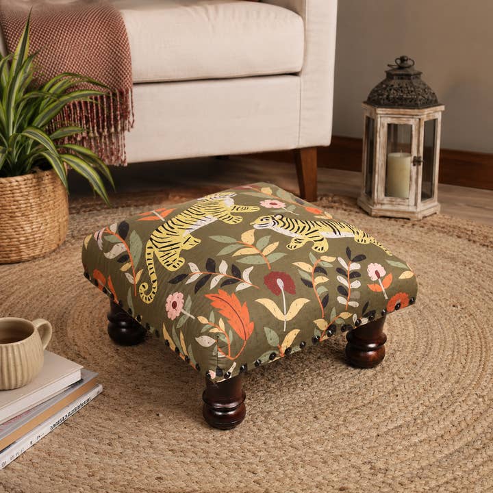 Botanical Tiger Cotton Footstool with Wooden Legs – Green