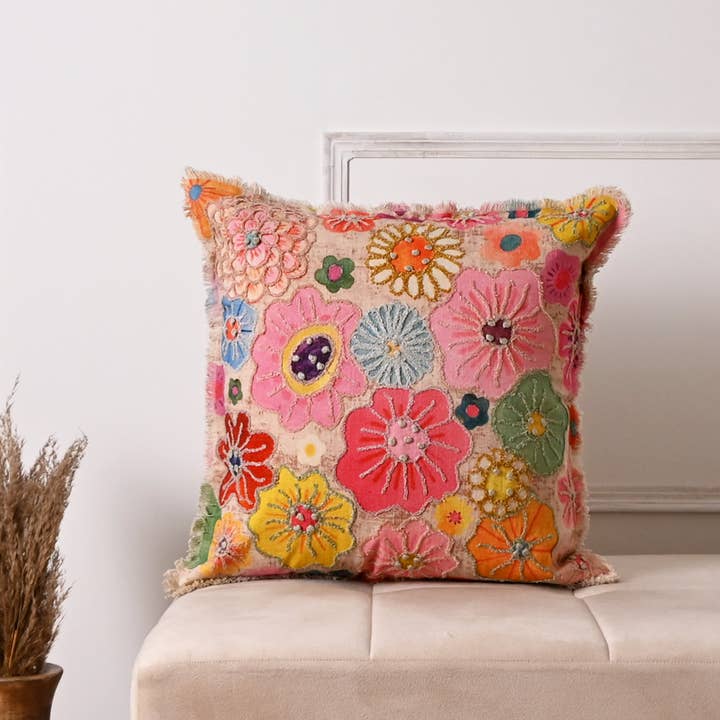 Embroidered Cotton Cushion- Floral Design- 45x45 cm