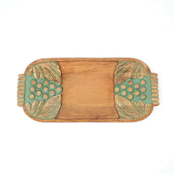Handcrafted Green Wash Carved Grapes Wooden Serving Board | Rustic Charcuterie & Cheese Platter