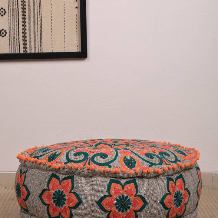 Mandala Embroidered Cotton Floor Cushion with Pompoms 60 cm