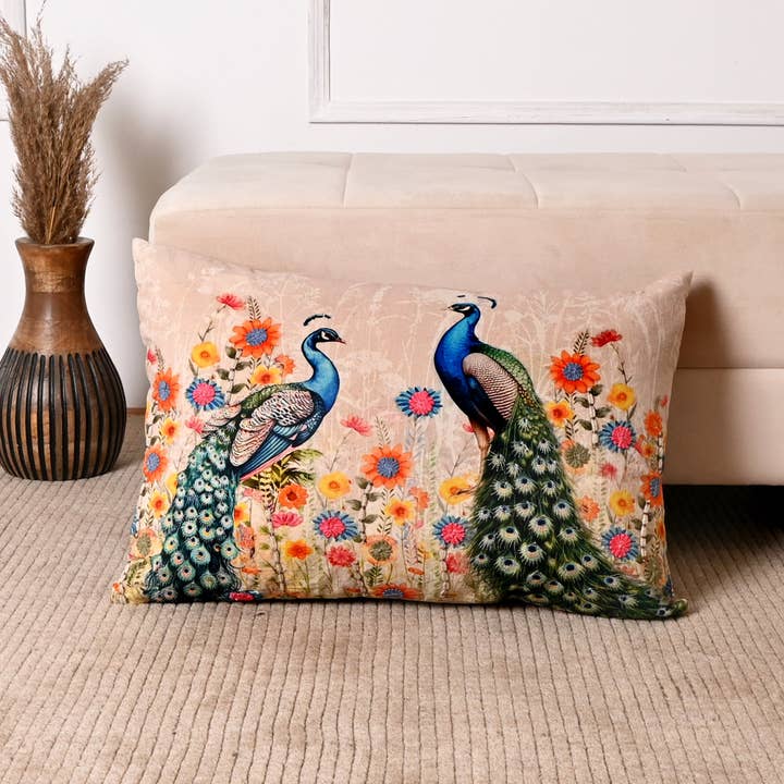Floral Lumbar Cushion – Peacock Design– 40x60 cm