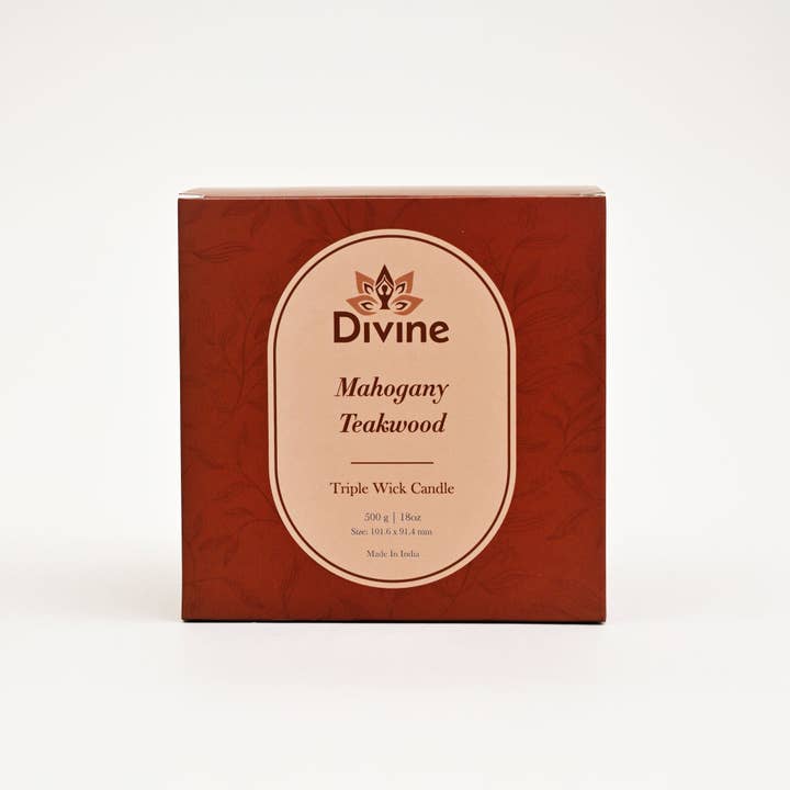 Mahogany & Teakwood Triple Wick Glass Candle – Premium Aromatic Home Décor Candle