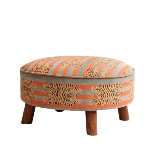 Cotton Round Footstool with Wooden Legs-Tiger Print- 60 cm