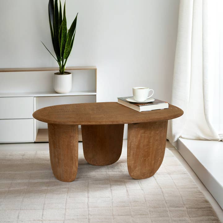 Modern Solid Mango Wood Coffee Table – Sculptural Oval Centre Table | Brown