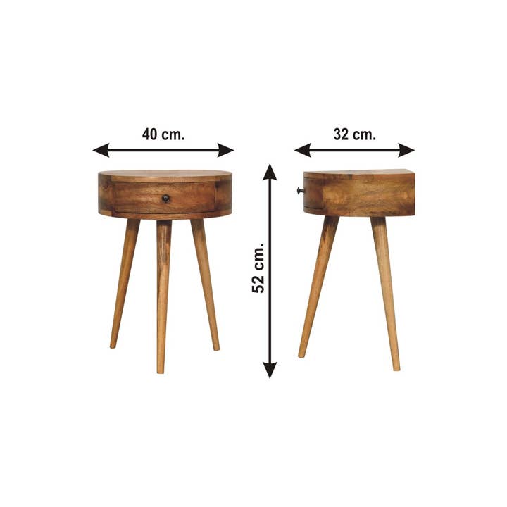 Solid Mango Wood Round Bedside Table Brown Finish Drawer