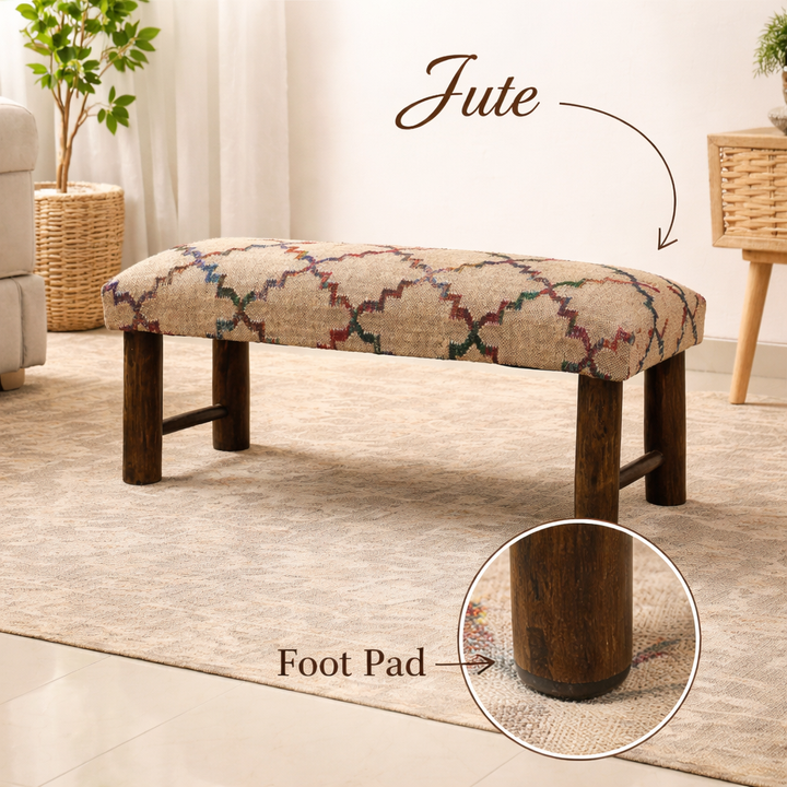 Jute Upholstered Bench with Wooden Legs Multicolor 114 cm