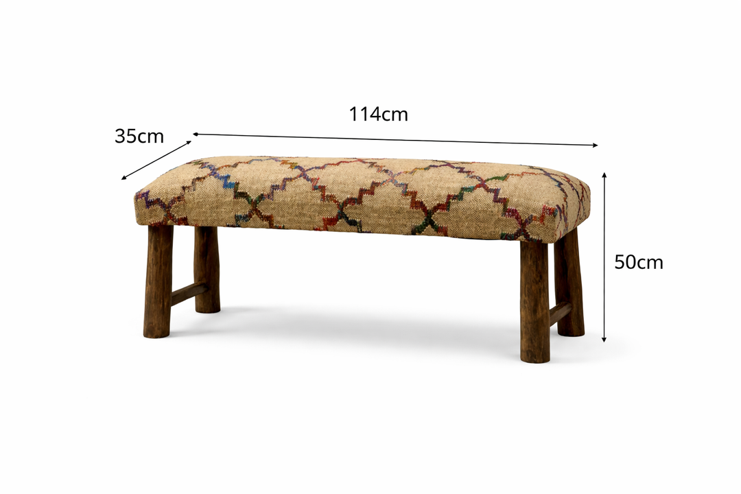 Jute Upholstered Bench with Wooden Legs Multicolor 114 cm