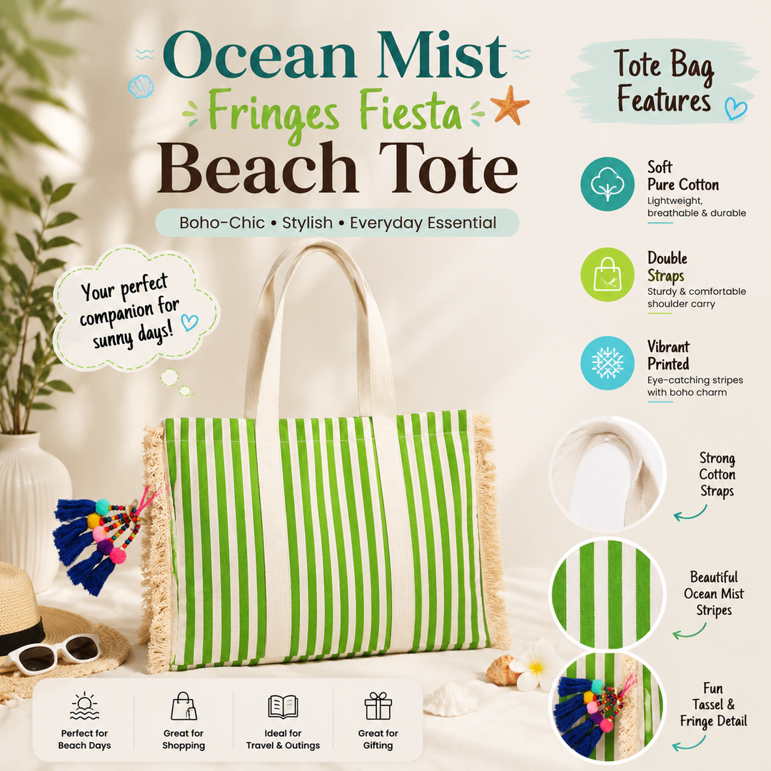 Ocean Mist Fringes Fiesta Beach Tote – Cotton Boho Bag