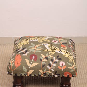 Botanical Tiger Cotton Footstool with Wooden Legs – Green