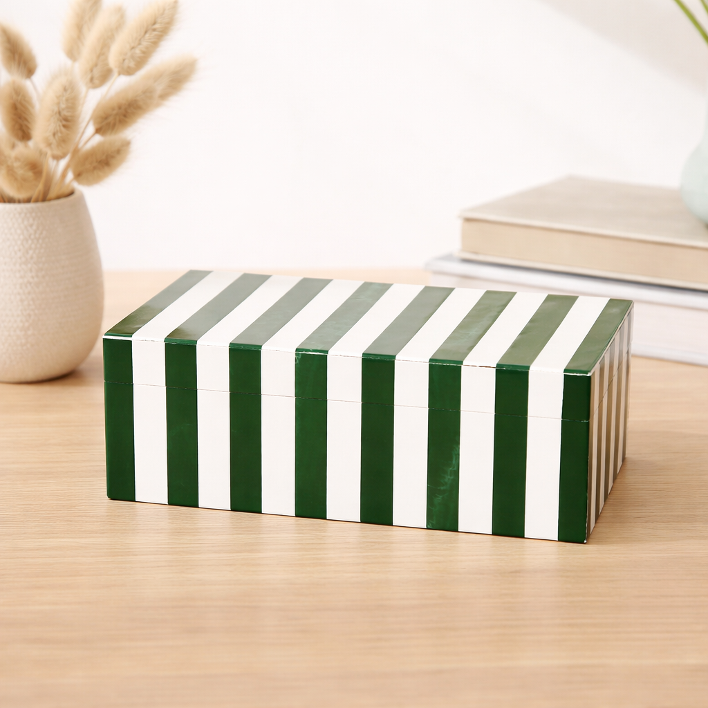Green Striped Resin Storage Box Modern MDF Decor Organizer