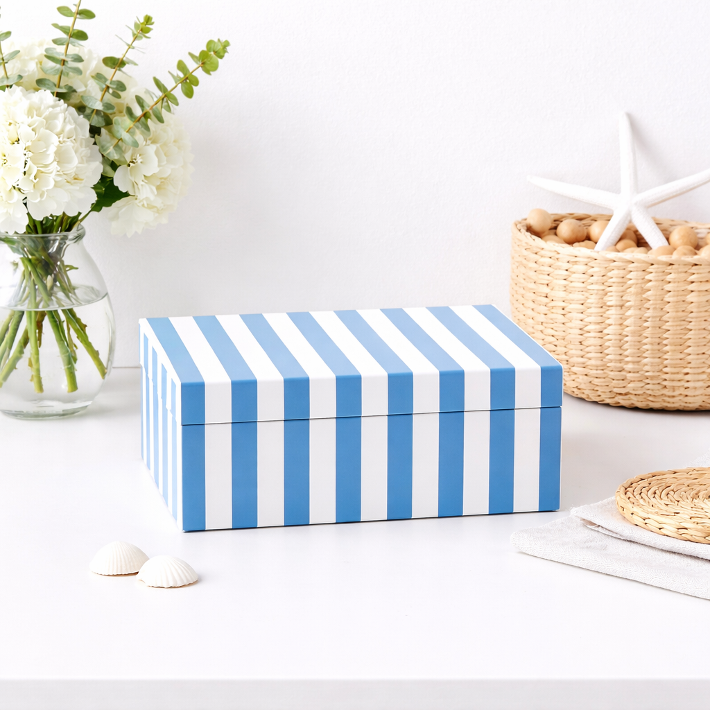 Blue Striped Resin Box Glossy MDF Storage Decor 17cm
