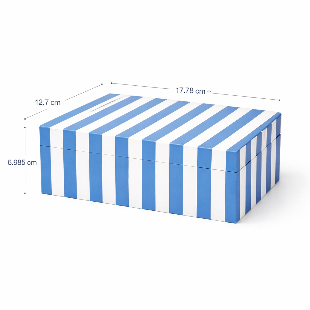 Blue Striped Resin Box Glossy MDF Storage Decor 17cm