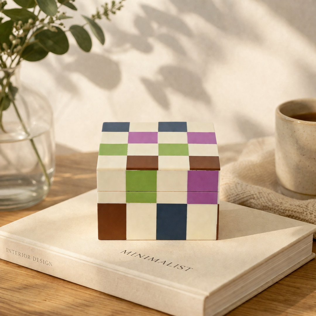 Checkered Resin Storage Box 4x4 Inch Modern MDF Décor