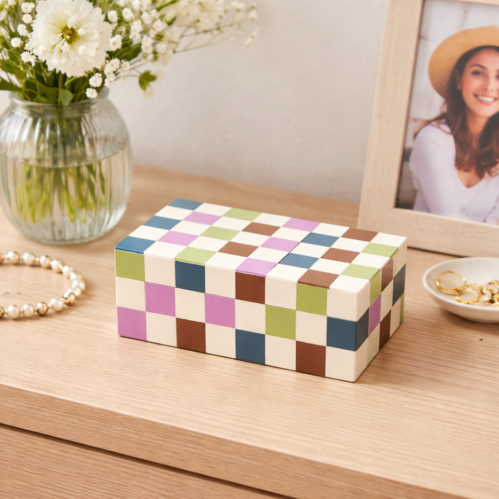 Checkered Resin Storage Box 7x5x3 Inch Glossy MDF Décor