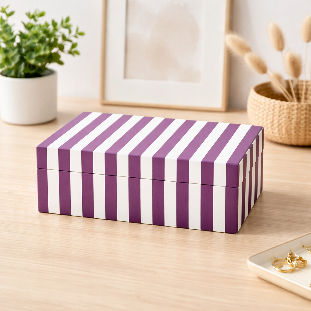 Purple Striped Resin Storage Box Glossy MDF Decorative Case