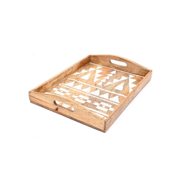 Matterhorn Carved Mango Wood Nesting Tray Set of 3 - Whitewashed Decorative Serving Trays for Home Decor
