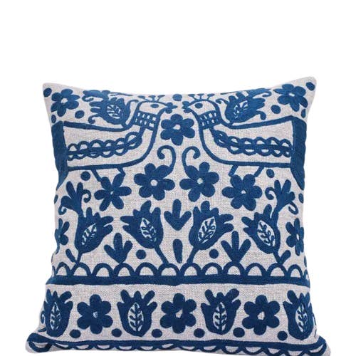 Blue Embroidered Cotton Cushion with Filler 45x45 cm