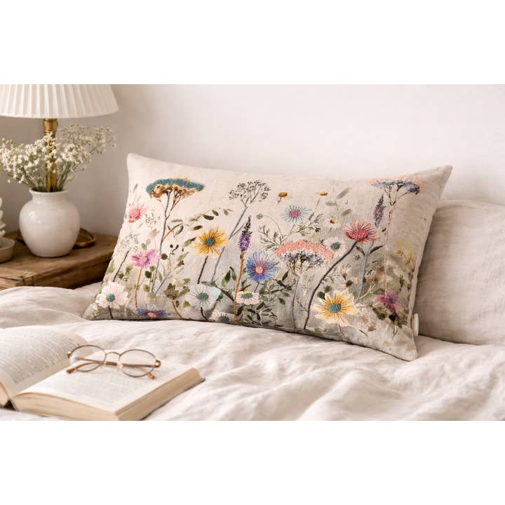 Spring Botanical Embroidered Lumbar Cushion-40x60 cm