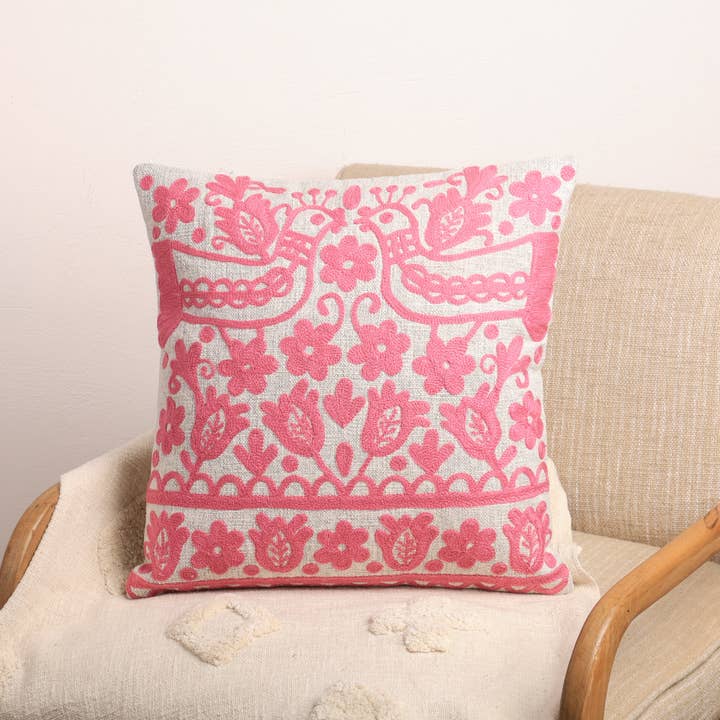 Pink Embroidered Cotton Cushion with Filler 45x45 cm