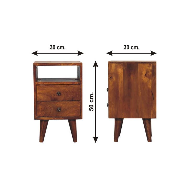 Brown Lacquered Chestnut Solid Mango Wood Mini Classic Bedside with Brass Knobs & Nordic Legs