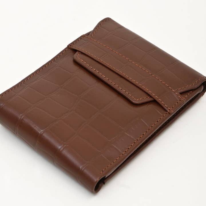 Men’s Leather Wallet 3B Scrbrn – Premium Brown Croc Look Napa Leather Wallet with Coin Pocket & 6 Card Slots | Luxury Slim Bifold Design