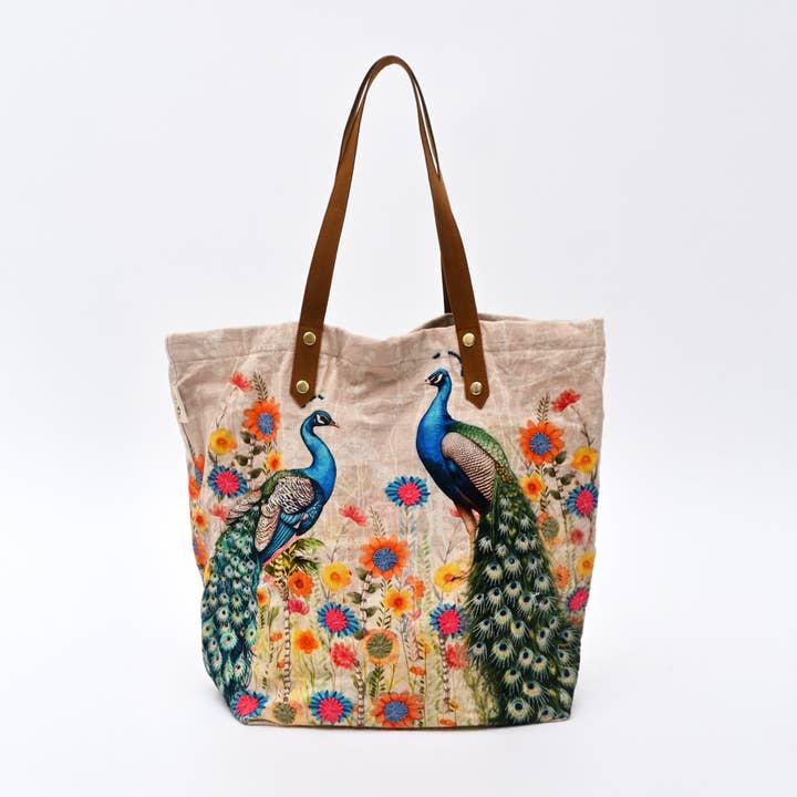 Embroidered Peacock Cotton Tote Bag – Floral Multi Shopper