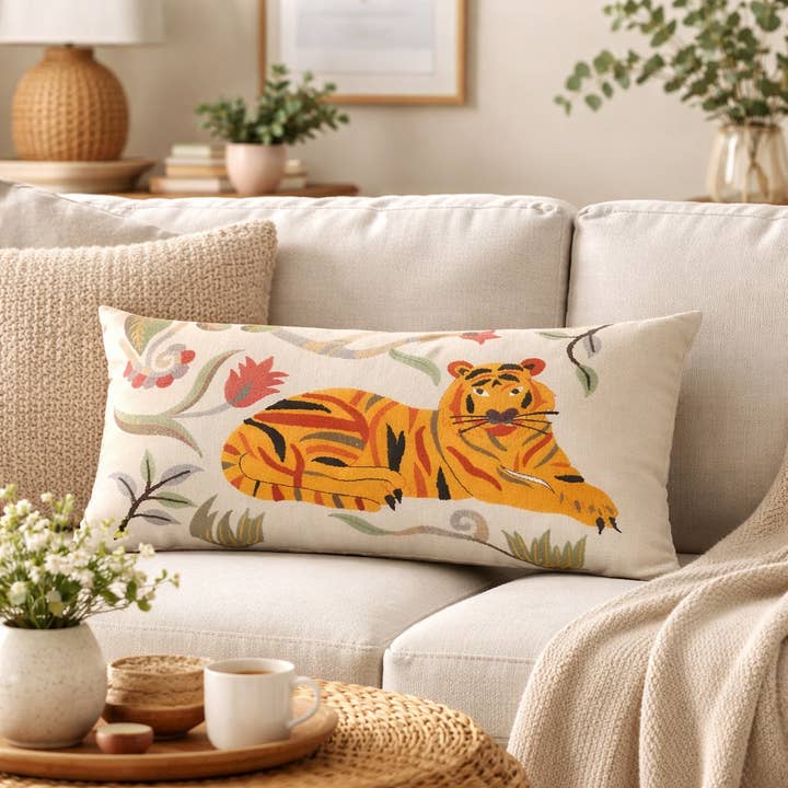 Floral Safari Tiger Cotton Cushion 35 x 60 cm