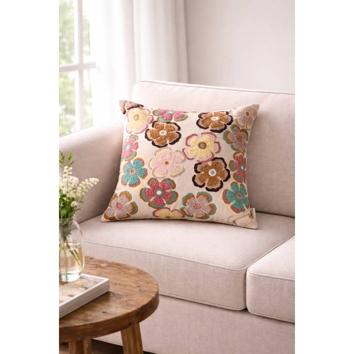 Printed Cotton Cushion- Retro Floral Design- 45x45 cm
