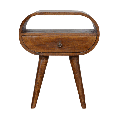 Brown Lacquered Chestnut Solid Mango Wood Circular Open Bedside with Wall-Mounted Drawer