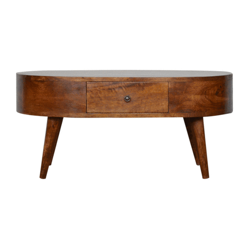 Chocolate Brown Lacquered Solid Mango Wood Round Coffee Table with 2 Drawers & Nordic Legs