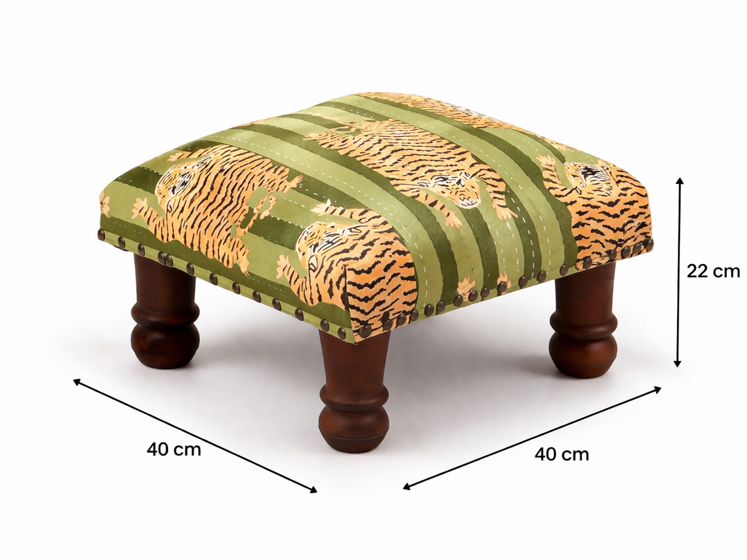 Jungle Stripe Cotton Footstool with Wooden Legs – Green